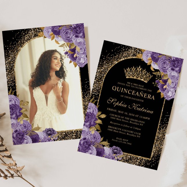 Black Lila Guld Glitter Blommigt Photo Quinceanera Inbjudningar (Skapare uppladdad)