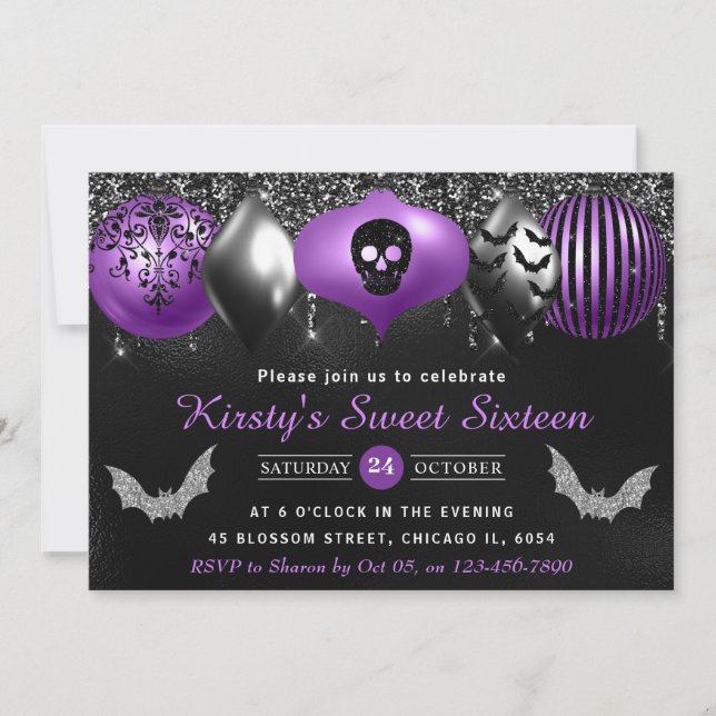 Black & Lila Halloween Ornaments Sweet sixteen Inbjudningar (Framsida)