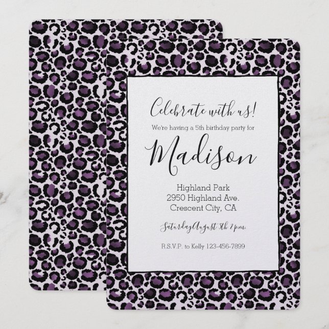 Black Lila Leopard Print Inbjudningar (Fram/baksida)