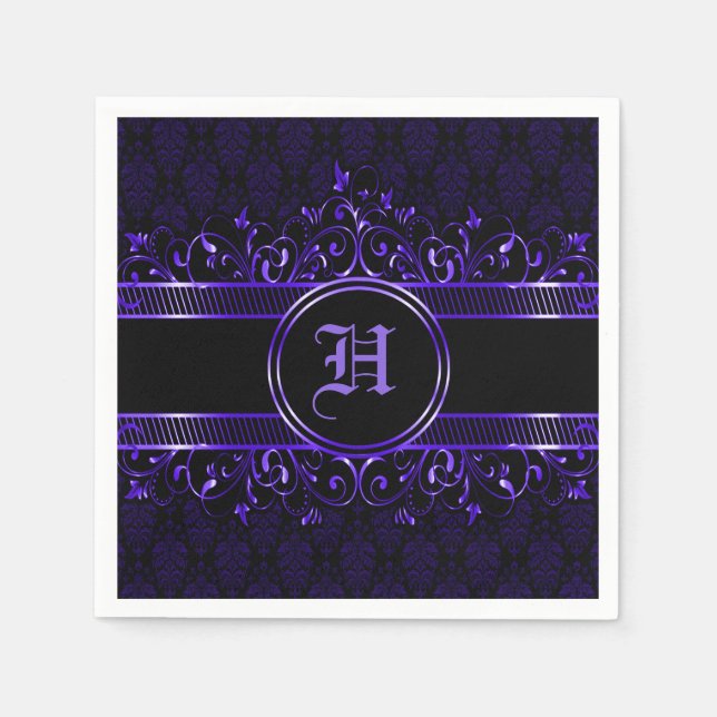 Black & Lila Ornate Gothic Monogrammed Pappersservett (Framsidan)