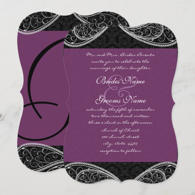 Black Lila Paisley Damask Wedding Inbjudan (Fram/baksida)