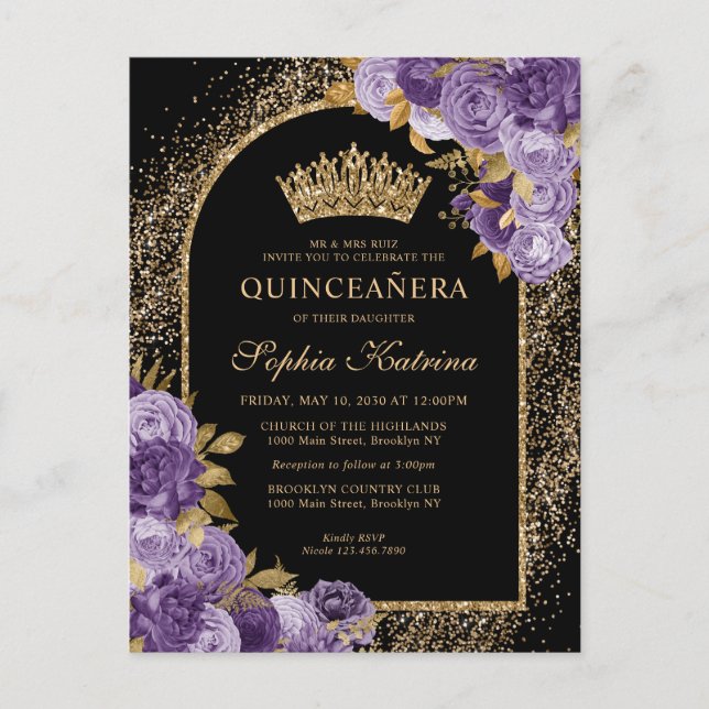Black Lila Plum Guld Glitter Blommigt Quinceanera Inbjudan Vykort (Framsida)
