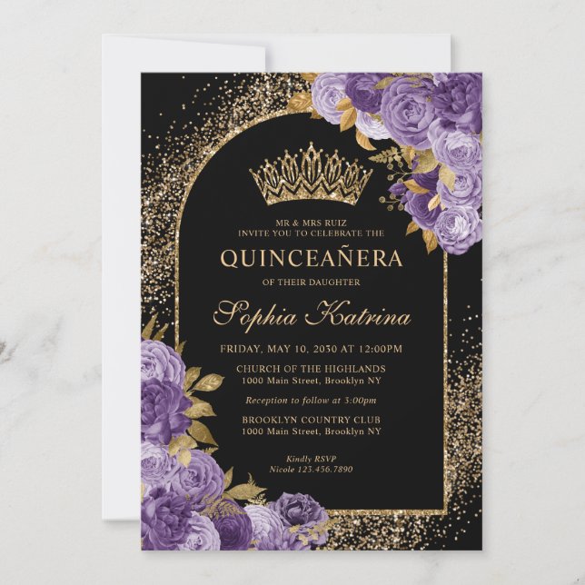 Black Lila Plum Guld Glitter Blommigt Quinceanera Inbjudningar (Framsida)