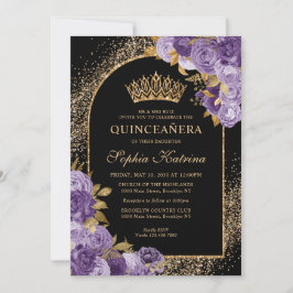 Black Lila Plum Guld Glitter Blommigt Quinceanera Inbjudningar