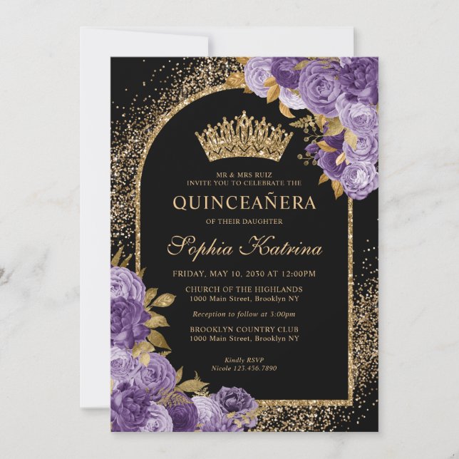 Black Lila Plum Guld Glitter Blommigt Quinceanera Inbjudningar (Framsida)