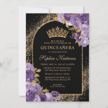 Black Lila Plum Guld Glitter Blommigt Quinceanera