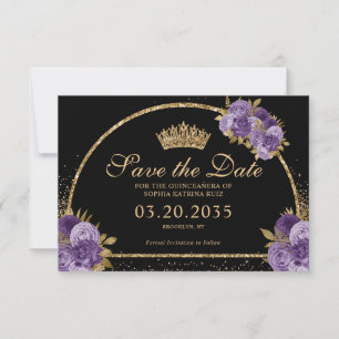 Black Lila Plum Guld Glitter Blommigt Quinceanera Spara Datumet