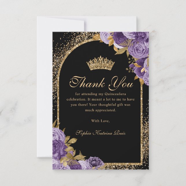 Black Lila Plum Guld Glitter Blommigt Quinceanera Tack Kort (Framsida)
