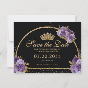 Black Lila Plum Guld Glitter Blommigt Quinceanera Vykort