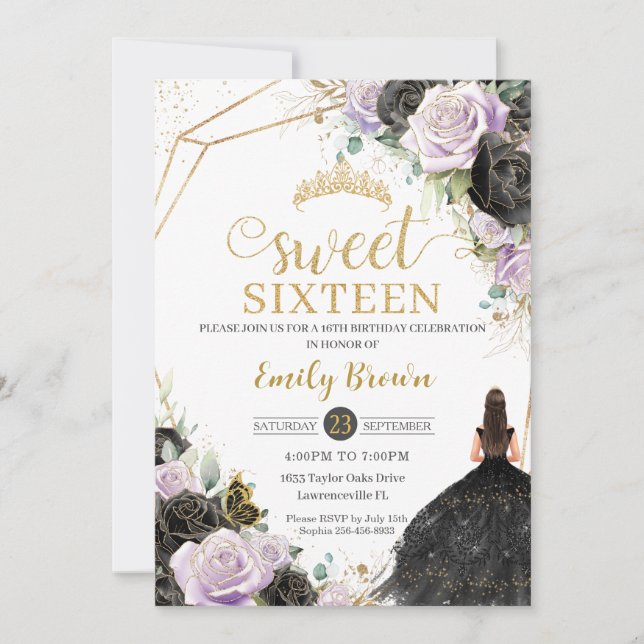 Black Lila Ro Blommigt Princess Sweet sixteen Inbjudningar (Framsida)