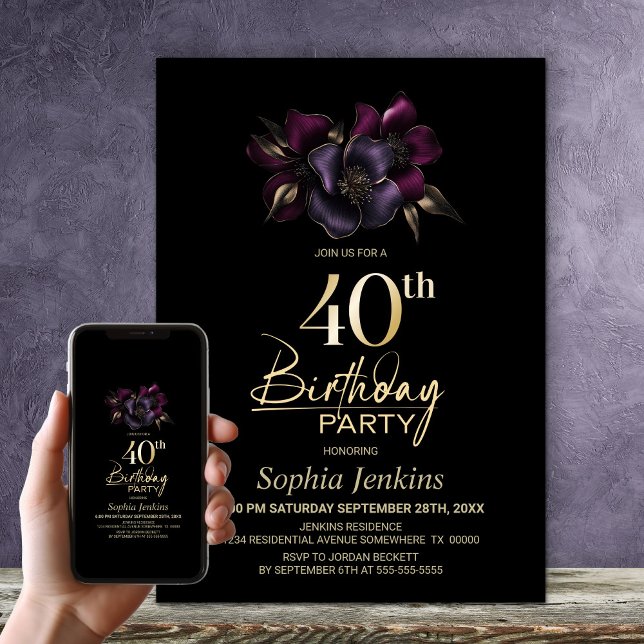 Black Lila Rosa Blommigt 40:e födelsedag Party Inbjudningar (Skapare uppladdad)