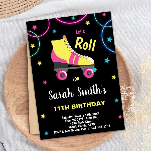 Black Lila Rosa Roller - skridningsinbjudningar Inbjudningar (Black Purple Pink Roller skating invitations)