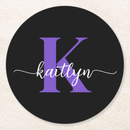 Black Lila Script Monogram Underlägg Papper Rund