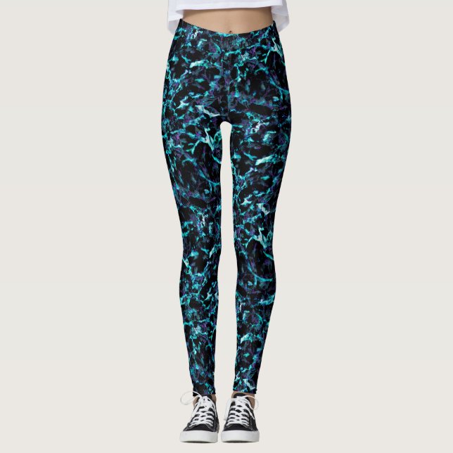 Black Lila & Shocking Electric Aqua Blue Leggings (Framsida)