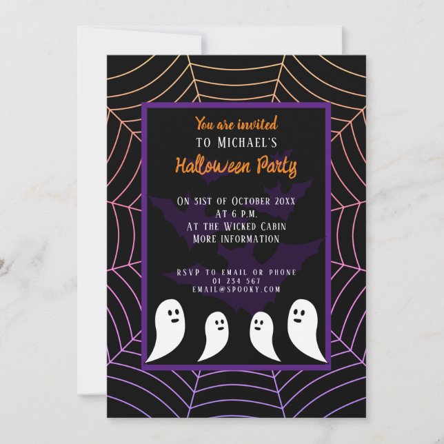 Black lila spindelnät Halloween-spöke Inbjudningar (Framsida)
