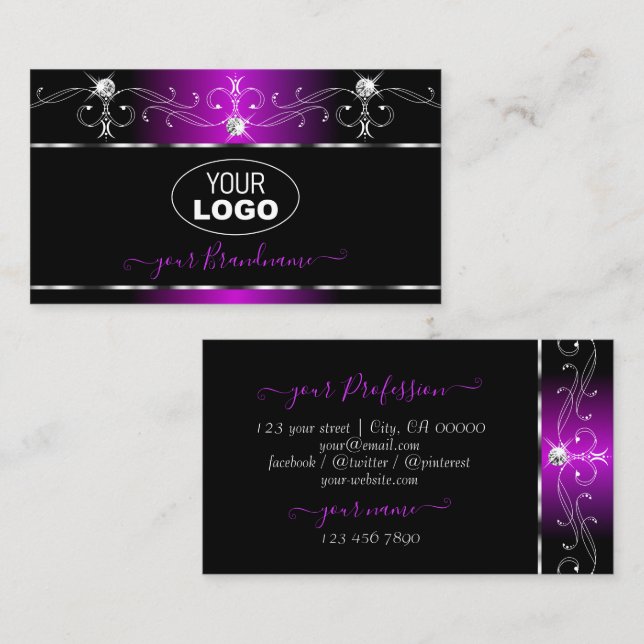 Black Lila Squiggles Sparkling Diamonds Add Logoty Visitkort (Fram/baksida)
