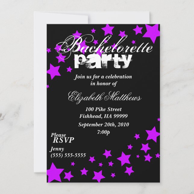 Black & Lila Stars Bachelorette Party-inbjudan Inbjudningar (Framsida)