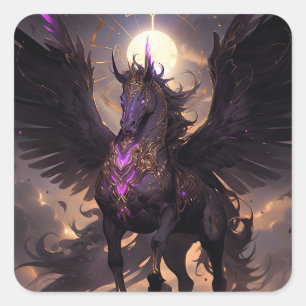 Black Lila Unicorn Fantasy Art Fyrkantigt Klistermärke