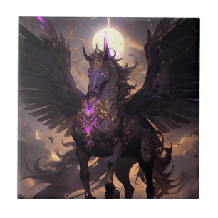Black Lila Unicorn Fantasy Art Kakelplatta