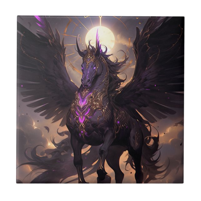 Black Lila Unicorn Fantasy Art Kakelplatta (Framsidan)