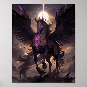 Black Lila Unicorn Fantasy Art Poster