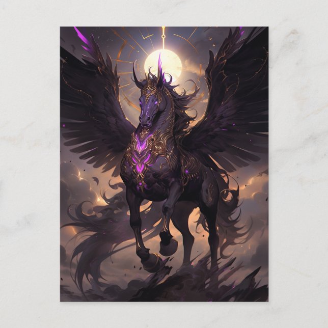 Black Lila Unicorn Fantasy Art Vykort (Framsida)