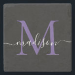 Black Lila Violet Monogram Feminine-skript Namn Stenunderlägg<br><div class="desc">Elegant Modern Black Lila Violet Monogram Feminine Script Namn Stone Underlägg</div>