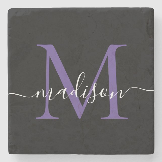 Black Lila Violet Monogram Feminine-skript Namn Stenunderlägg (Framsidan)