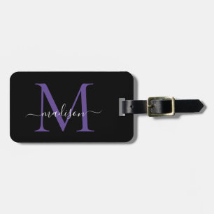 Black Lila Violet Monogram Script Namn Snyggt Bagagebricka
