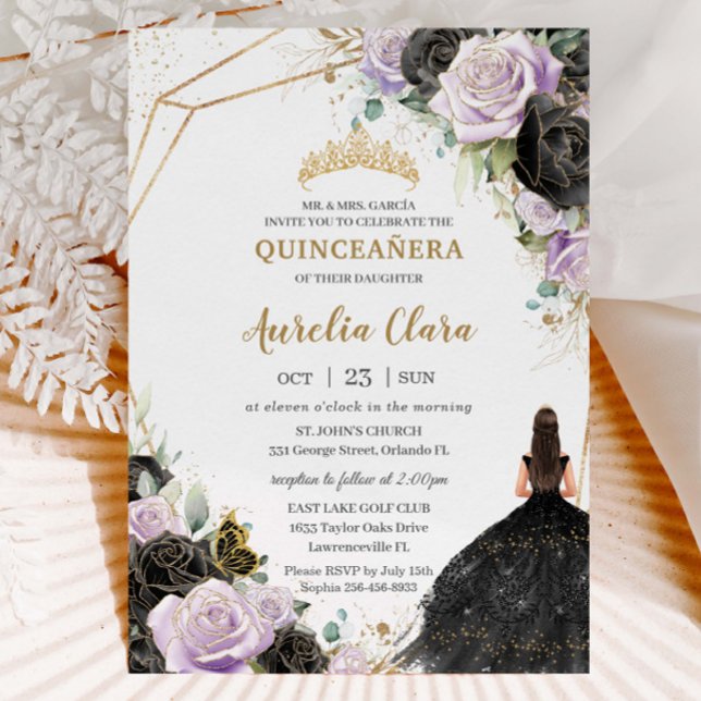 Black Lilac Ro Blommigt Quinceañera Sweet sixteen Inbjudningar (Skapare uppladdad)