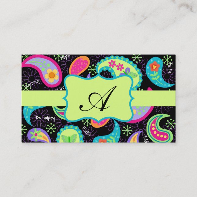Black Lime Green Modern Paisley Mönster Monogram Visitkort (Framsida)