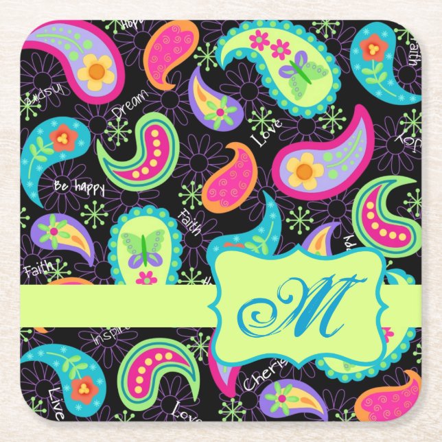 Black Lime Green Monogram Personlig Paisley Underlägg Papper Kvadrat (Framsidan)