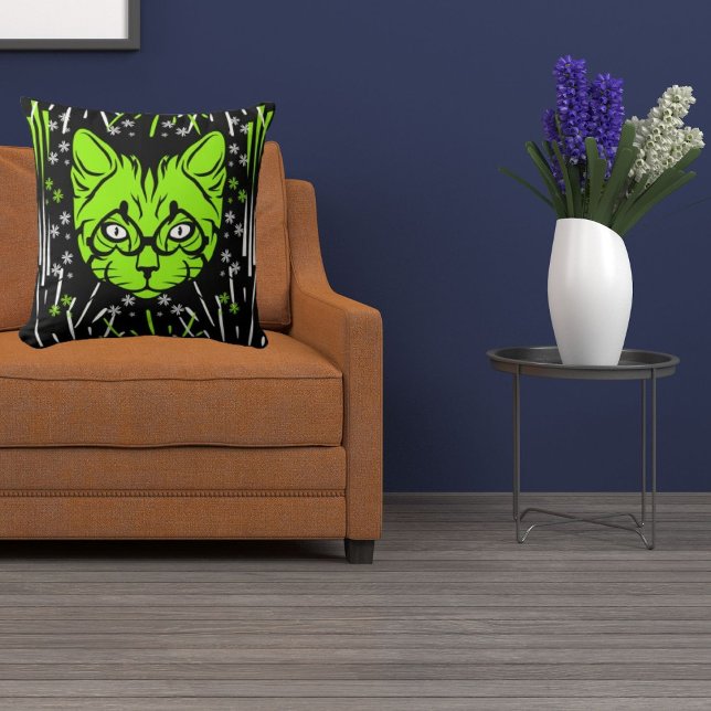 Black Lime White Black Modern Cute Cat Colorful Kudde (Skapare uppladdad)