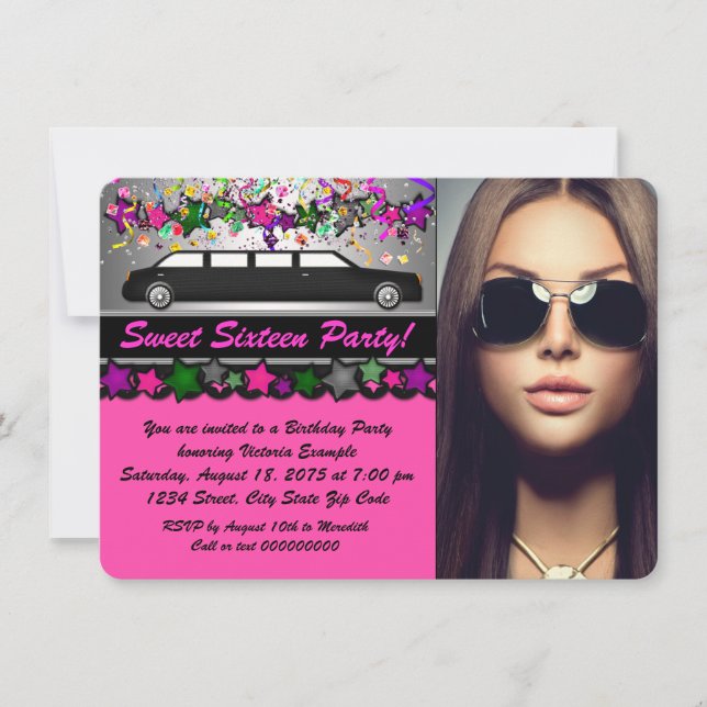 Black Limo Shock rosa Black Photo Sweet 16 Party Inbjudningar (Framsida)