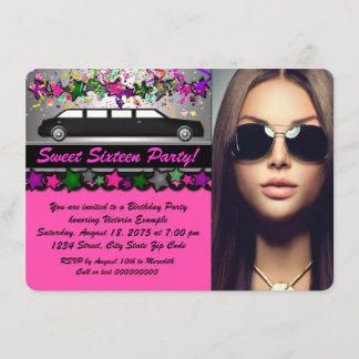 Black Limo Shock rosa Black Photo Sweet 16 Party Inbjudningar