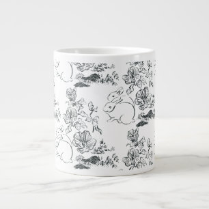 Black Line Art Cute Rabbit och Flower Jumbo Mugg