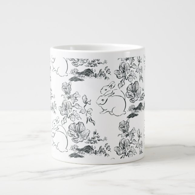 Black Line Art Cute Rabbit och Flower Jumbo Mugg (Framsidan)