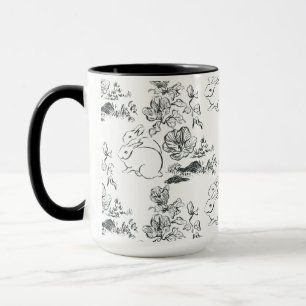 Black Line Art Cute Rabbit och Flower Mugg