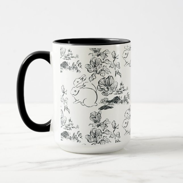 Black Line Art Cute Rabbit och Flower Mugg (Vänster)