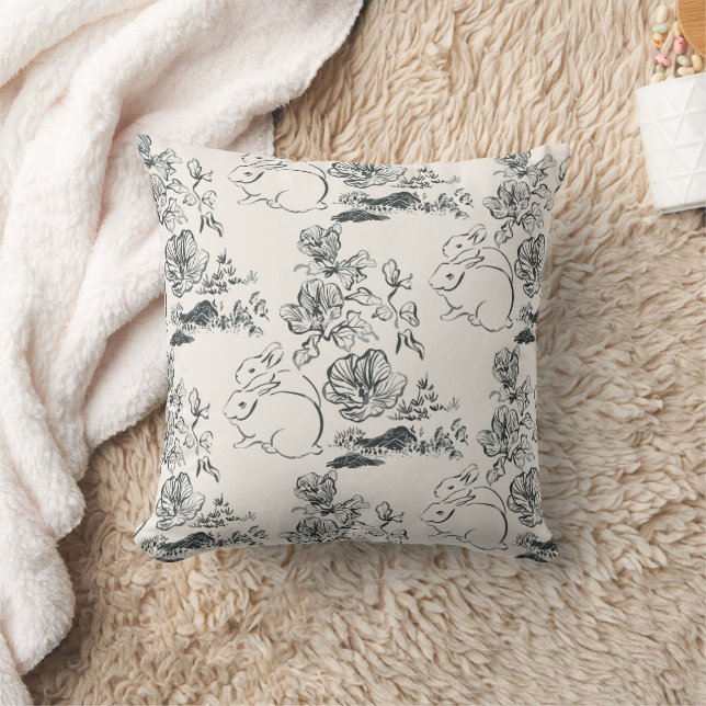 Black Line Art Rabbit och Flower Chinese Stil Kudde (Filt)