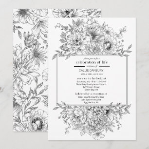 Black Line Blommigts Funeral Firande of Life Inbjudningar