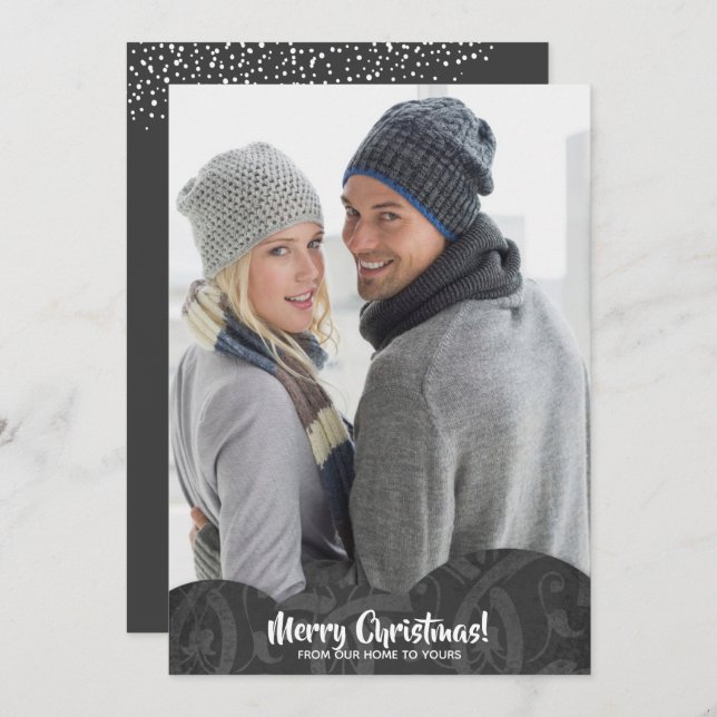 Black Linen Filigree Photo jul-Helgdag-kort Julkort (Fram/baksida)