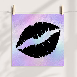 Black Lipstick Kiss on Pastel Iridescent Foil Poster