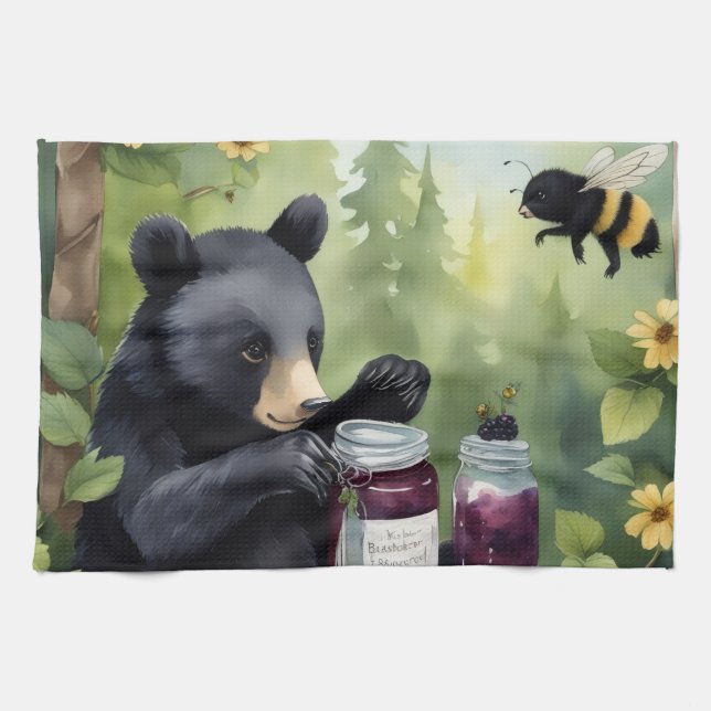 Black little bear with blackberry jams kökshandduk (Horisontell)