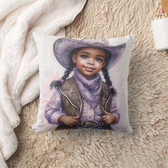 Black Little Girl In Purple Cowgirl Fashion Kudde (Filt)