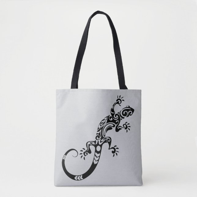 Black Lizard Gray Tote Bag – Reptile Art Design Tygkasse (Framsida)