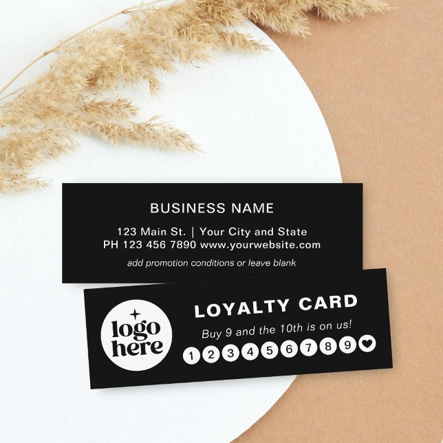 Black Logo Modern Professional Loyalty Card Mini Visitkort (The front and back of the card are shown at mini size, 3 x 1 inches.)