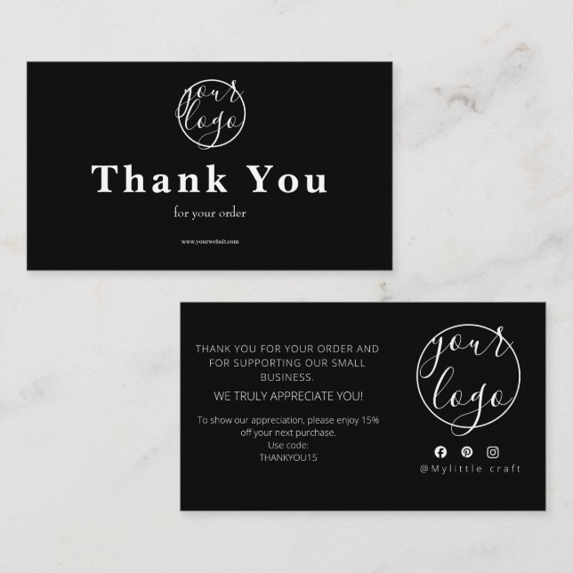 Black Logo Thank You Card Small Business Visitkort (Fram/baksida)