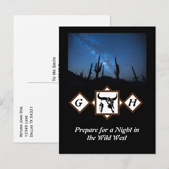 Black Longhorn Bull Skull Silhouette Monogram Phot Inbjudan Vykort (Fram/baksida)