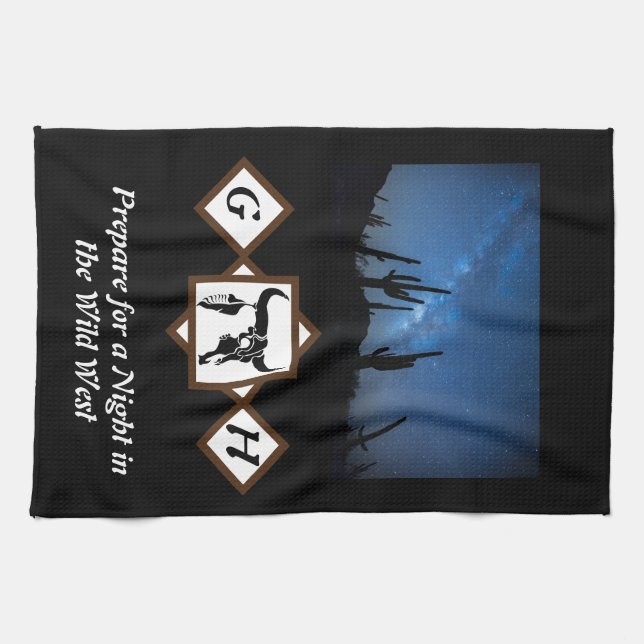 Black Longhorn Bull Skull Silhouette Monogram Phot Kökshandduk (Horisontell)